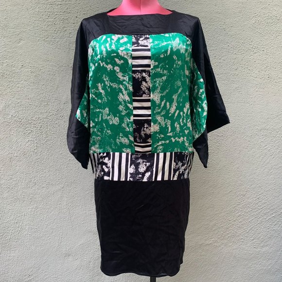 Duro Olowu Silk Dress Cocktail Party Black Green Women Short Long Sleeve - Picture 2 of 6